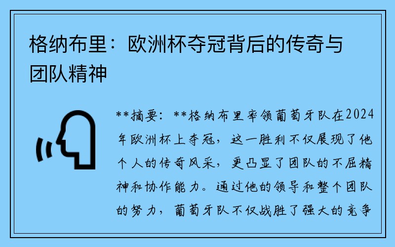 格纳布里：欧洲杯夺冠背后的传奇与团队精神